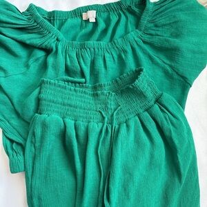Green Two-Piece Smocked Waist Top and Pants